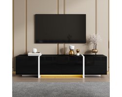 Pugsdrly TV-meubel met laag meubel, glanzend zwart meubel met contrasterende witte poten en elegante deuren en lades. Met LED-lichtstrip.
