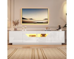 Pugsdrly TV-meubel op poten 180*40*45 cm, laag meubel met 2 lades en 2 kasten, glanzend TV-meubel met LED-verlichting, TV-meubel, TV-tafel, geschikt voor 75 inch tv's, wit