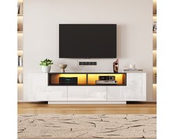 Pugsdrly TV-meubel op voet 180*40*48 cm, laag meubel met LED-verlichting, L-vormig tv-meubel met lades, woonkamermeubel, tv-meubel, glanzend wit tv-meubel, geschikt voor 75 inch tv's, wit + zwart
