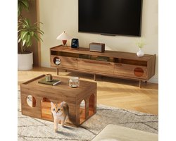 Pugsdrly TV-meubel + salontafel, gecombineerde meubelset voor de woonkamer, 2-delige TV-meubelset, LED-TV-meubel, meubels voor huisdieren, TV-meubel met kattenmand, meubelset in notenhout