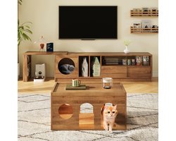 Pugsdrly TV-meubel + salontafel, gecombineerde meubelset voor de woonkamer, 2-delige TV-meubelset, multifunctioneel draaibaar TV-meubel, meubels voor huisdieren, TV-meubel met kattenmand, meubelset van notenhout