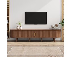 Pugsdrly TV-meubel voor de woonkamer 175 x 40 x 42 cm met opbergruimte + rond blad van MDF met houtnerf 2 lades, laag meubel met telescopische deuren, TV-meubel van notenhout, geschikt voor 75 inch