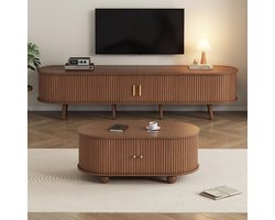 Pugsdrly TV-meubel voor de woonkamer met opbergruimte + combinatie van salontafels, combinatie in notenhout in de originele houtkleur, MDF, 2 sets