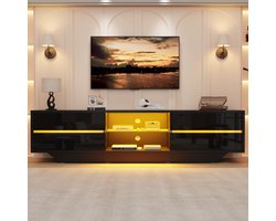 Pugsdrly - TV meubels - 160x35x44,5 cm - Geschikt voor 65-inch tv - Hoogglans Zwart - 2 Deuren, LED-verlichting
