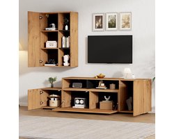Pugsdrly TV-meubelset (compleet, 2-delig), inclusief vitrine en staande plank, geschikt voor de woonkamer. Het TV-meubel is uitbreidbaar tot 265 cm, voor plaatsing of ophangen, geschikt voor TV's tot 120 inch, in houtlook met zwart.