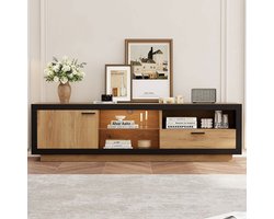 Pugsdrly TV-standaard moderne lage design met glazen planken opbergruimte voor 70 /65 / 55 inch televisie zwart eik houten frame multifunctioneel geschikt voor woonkamer en slaapkamer