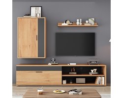 Pugsdrly TV-wandmeubel 140*35*39 cm (complete set, 3 delen), multimediameubel met tv-meubel, staande plank en wandplank, tv-meubelset voor de woonkamer, modern tv-meubel, staand en hangend, kleur hout + zwart