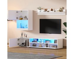 Pugsdrly TV-wandmeubel (175x39x34 cm, compleet set, 3-delig) met vitrine, staande en wandplank. Inclusief LED-verlichting en glanzende afwerking. Geschikt voor TV's tot 80 inch, voor plaatsing of ophangen, kleur wit.
