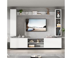 Pugsdrly TV-wandmeubel 180*35*33,5 cm met vitrines (complete set, 4 delen), multimediameubel met tv-meubel, staande plank en 2 wandplanken, tv-woonkamermeubelset, tv-meubel, om neer te zetten of op te hangen, tv tot 80 inch, wit