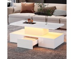 Pugsdrly Tweelaags salontafel met 16 kleuren LED-verlichting, glanzende salontafel, salontafel met open plank en 1 uitschuifbare lade, kleine rechthoekige salontafel, wit