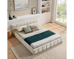 Pugsdrly Tweepersoonsbed 140*200 cm, bed met zijdezachte chenille-bekleding, vierkant quiltontwerp, gemaakt van ecologisch eucalyptushout en een stabiel ijzeren frame, eenvoudige montage, beige (zonder matras)