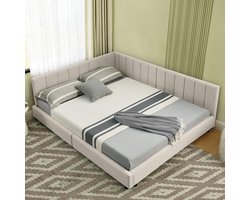 Pugsdrly Tweepersoonsbed 140*200 cm, fluwelen oppervlak, hoge rugleuning, ideaal voor familiekamers, gastenkamers en appartementen, geschikt voor stellen en kleine gezinnen, beige (zonder matras)