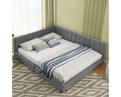 Pugsdrly Tweepersoonsbed 140*200 cm, fluwelen oppervlak, hoge rugleuning, ideaal voor familiekamers, gastenkamers en appartementen, geschikt voor stellen en kleine gezinnen, donkergrijs (zonder matras)