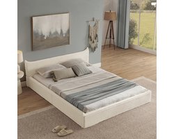 Pugsdrly Tweepersoonsbed 140*200 cm, met klassieke corduroy bekleding en elegant design met kleine randen aan het hoofdeinde, ecologisch eucalyptushout + stabiel ijzeren frame, eenvoudige montage, beige (zonder matras)