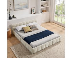 Pugsdrly Tweepersoonsbed 160*200 cm, bed met zijdezacht chenille-bekleding, vierkant gestikt ontwerp, gemaakt van ecologisch eucalyptushout en een stevig ijzeren frame, eenvoudige montage, beige (zonder matras)