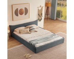 Pugsdrly Tweepersoonsbed 160*200 cm, met klassieke corduroy bekleding en elegant ontwerp met kleine randen aan het hoofdeinde, ecologisch eucalyptushout + stabiel ijzeren frame, eenvoudige montage, donkergrijs (zonder matras)