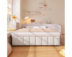 Pugsdrly Tweepersoonsbed Volwassen bed 140x200 cm hydraulische opberging zonder hoofdeinde modern Linnen beige