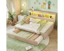 Pugsdrly Tweepersoonsbed Volwassen bed Gecombineerd bed Nestbed 140x200 cm afstandsbedienbare sfeerverlichting opbergruimte aan de zijkant stopcontact + USB natuurlijk
