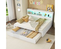 Pugsdrly Tweepersoonsbed Volwassen bed Gecombineerd bed Nestbed 140x200 cm afstandsbedienbare sfeerverlichting opbergruimte aan de zijkant stopcontact + USB wit