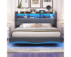 Pugsdrly Tweepersoonsbed Volwassen bed LED bed 160x200 cm multifunctioneel opbergbed met USB en TYPE-C interface Grijs