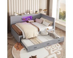 Pugsdrly Tweepersoonsbed Volwassen bed Sofa bed 140x200 cm afstandsbedienbare sfeerverlichting opbergruimte aan de zijkant uitschuifbaar bed grijs