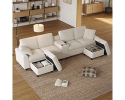 Pugsdrly U-vormige bank in corduroy, inclusief 2 voetensteunen met opbergruimte, een salontafel, 2 bekerhouders, 1 USB-poort, 2 stopcontacten en 2 Type-C-poorten; beige
