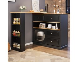 Pugsdrly Uitschuifbare bartafel met opbergruimte (125-181 × 39 × 104,5 cm), 360° draaibaar, moderne verrijdbare bartafel, hoge tafel voor keukeneiland, bistrotafel, buffetkast met planken en glas, zwart
