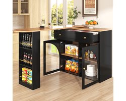 Pugsdrly Uitschuifbare bartafel met opbergruimte (138-204 × 39 × 104 cm), 360° draaibare bartafel, moderne verrijdbare bartafel, hoge keukentafel, bistrotafel, buffetkast met planken en glas, zwart