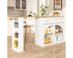 Pugsdrly Uitschuifbare bartafel met opbergruimte (138-204 × 39 × 104 cm), 360° draaibare eettafel, moderne en verrijdbare bartafel, hoge keukentafel, bistrotafel, buffetkast met planken en glas, wit