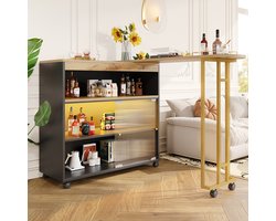 Pugsdrly Uitschuifbare bartafel met opbergruimte, moderne verplaatsbare bartafel, telescopische bartafel met led, statafel, bistrotafel, hoge tafel, keukeneiland, bistrotafel, zwart (138-204 × 39 × 105 cm)