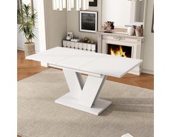 Pugsdrly Uitschuifbare tafel 120/160*80 cm, voor 4 tot 6 personen, rechthoekige tafel, dik tafelblad, V-poten, eenvoudige stijl, uitschuifbare tafel, wit