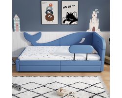 Pugsdrly Uitschuifbed voor kinderen, gestoffeerd bed, dagbed, ontwerp in de vorm van een walvis, slaapbank met metalen lattenbodem, 2 lades op wieltjes, PU+MDF+multiplex, blauw