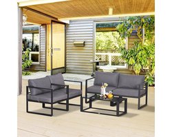 Pugsdrly Vierdelige tuinmeubelset, zitgroep, bank met zitkussens, tafel met opbergruimte, polyester, grijs, 138 x 69 x 63 cm