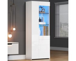 Pugsdrly Vitrinekast 70*35*180 cm met lades, glanzende vitrinekast, glazen vitrinekast met LED-verlichting, hoge kast, hoge buffetkast met kast, vitrinekast op voet, opbergruimte met scheidingswand, aanbevolen draagvermogen 45 kg