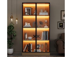 Pugsdrly Vitrinekast in eikenlook 70 × 40 × 160 cm – Houten vitrinekast met ledverlichting, deuren van gehard glas en ledverlichting onder elke plank – Vitrinekasten, boekenkasten, wijnkasten, badkamerkasten