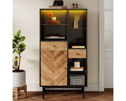 Pugsdrly Vitrinekast met LED-lichtbalk in 12 kleuren, keukenkast met lades en glazen planken met driehoekige houtnerf