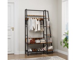 Pugsdrly Vrijstaande open kapstok in industriële stijl met planken - retro bruine hangrek voor slaapkamer, woonkamer en thuiskantoor - multifunctionele opbergorganizer voor kleding en schoenen