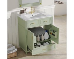 Pugsdrly Wastafelonderkast met keramische wasbak, soft-close lade, moderne badkamerkast met veel opbergruimte, metalen handgrepen & overloopbeveiliging, 81×45,5×86,5 cm, groen