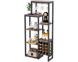 Pugsdrly Wijnrekken op voet, wijnrek met 5 niveaus, glazenhouders en opbergruimte voor flessen, industriële wijnrek, barkast, voor bar, keuken, eetkamer (rustiek bruin, 1 stuk)