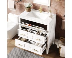 Pugsdrly Witte badkameronderkast 81 x 46,5 cm met keramische wastafel, 3 lades Retro wastafelonderkast met soft-close-functie, vrijstaande badkamermeubelset met metalen handgrepen