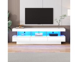 Pugsdrly witte hoogglans tv-kast 160/38/50,5 cm met 3 glazen vakken led-verlichting app-bediening Bluetooth-verbinding voor 70 inch tv hoogglans met glazen tv-standaard smart tv-kast