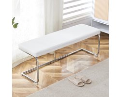 Pugsdrly Witte leren bank met verchroomd frame – 130 cm Moderne bank voor eetkamer, hal en woonkamer