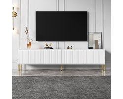 Pugsdrly Witte tv-kast, 190 cm lang x 38 cm breed x 48 cm hoog, gouden tafelpoten, gegroefd deurontwerp
