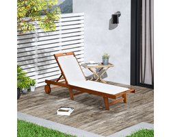 Pugsdrly Zonnebed, relaxligstoel, tuinligstoel, tuinmeubelen, verstelbaar, acaciahout, textiel, naturel + wit, 198 x 55 x 30-88,5 cm