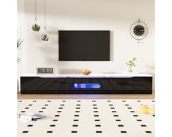Pugsdrly Zwart-witte tv-meubel, 180 cm lang, glanzend oppervlak, met 16 kleuren ledverlichting, kan aan de muur worden bevestigd