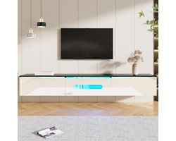Pugsdrly Zwart-witte tv-meubel, lengte 180 cm, glanzend oppervlak, met ledverlichting in 16 kleuren, kan aan de muur worden bevestigd