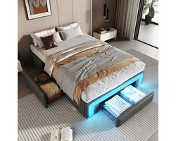 PugsdrlyBedbodem 90X200 met lades, PU-lederen bed zonder hoofdeinde Met LED-lichtstrip, metalen lattenbodem Platformbed voor moderne slaapkamer Grijs