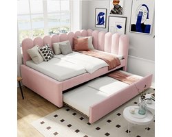 PugsdrlyL-vormige gestoffeerde bedbank, slaapbank 140x200 cm met bloemenrugleuning en uitschuifbaar bed in roze fluweel