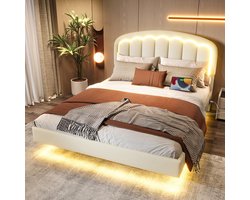 PugsdrlyModern bed 140 x 200 cm met bloembladvormig hoofdeinde, zwevend ontwerp en led-lichtstrip – Stevig metalen frame en praktische opbergruimte onder het bed voor meer comfort en stijl, wit