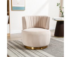 PugsdrlyModerne draaistoel 360 graden Ronde draaistoel Zachte fluweelafwerking Comfortabele rugleuning Stabiele structuur Salonstoelen Tonstoelen Geschikt voor de woonkamer, slaapkamer, kantoor, kleur beige